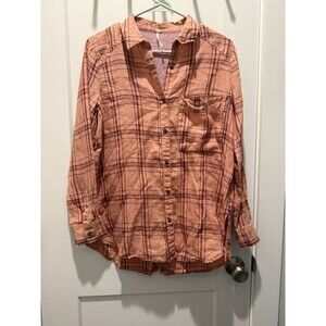 Women’s Free People No Limits Plaid Linen Shirt Button Down Peach Long Sleeve XS